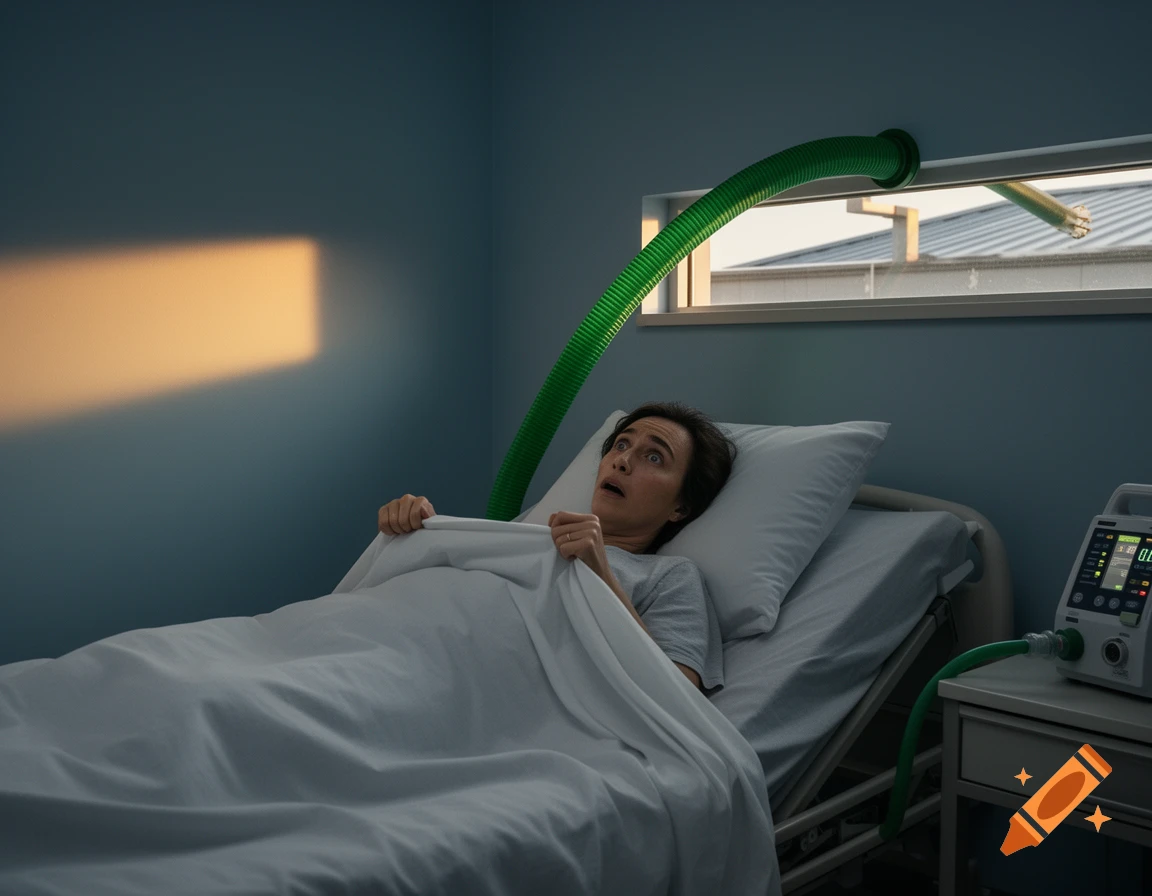 A patient with an alarmed expression lies in a hospital bed, partially covered by white sheets. A bright green corrugated tube exits through a window.