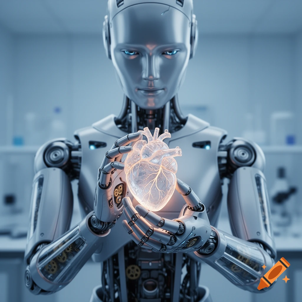A photorealistic silver robot with blue eyes holds a glowing, translucent human heart in a high-tech lab.