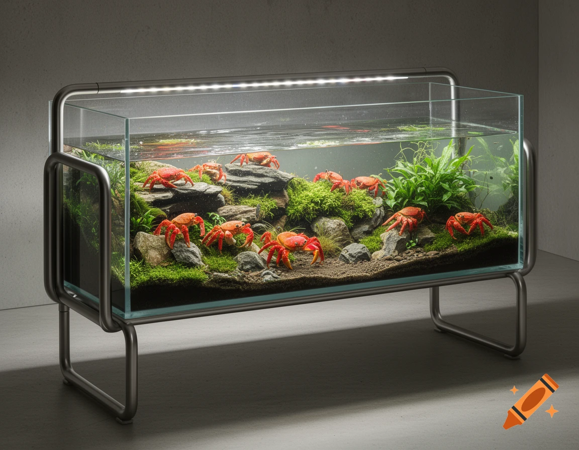 A modern glass terrarium with bright red crabs, green plants, and rocks, set on a sleek metal stand in a minimalist room.