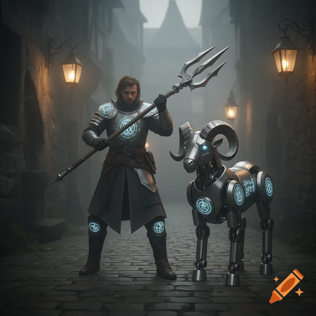 A photorealistic image of a knight with a trident and a mechanical ram with glowing runes in a foggy medieval alley.
