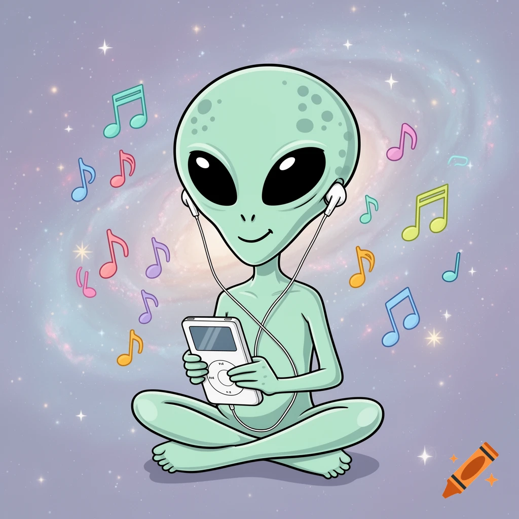 A cute light green cartoon alien sits cross-legged, smiling while listening to music through white earbuds on a classic iPod-like device, against a starry cosmic background with a galaxy.