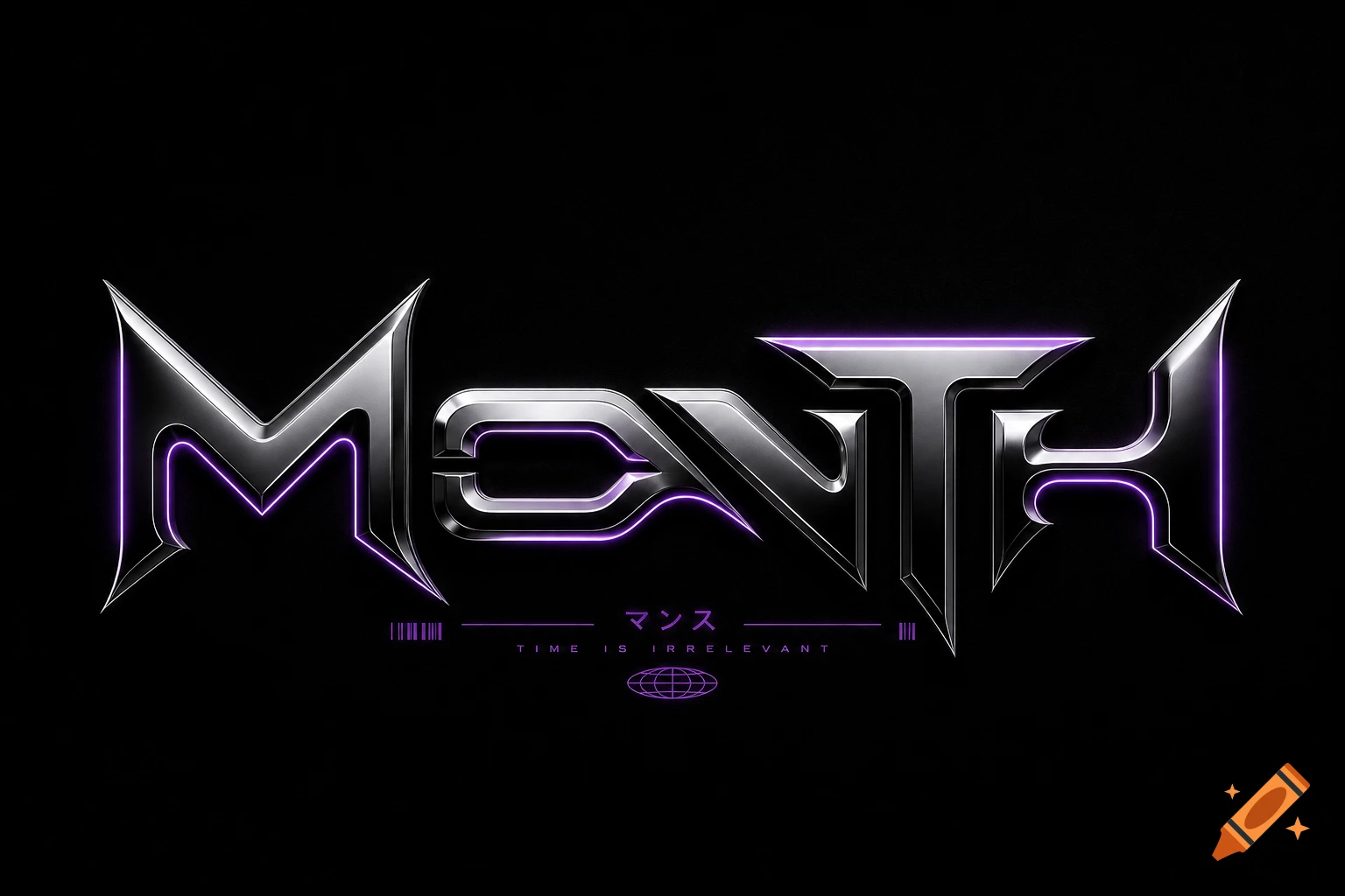 A stylized chrome logo for 'MONTH' with purple neon accents and 'TIME IS IRRELEVANT' on a black background.
