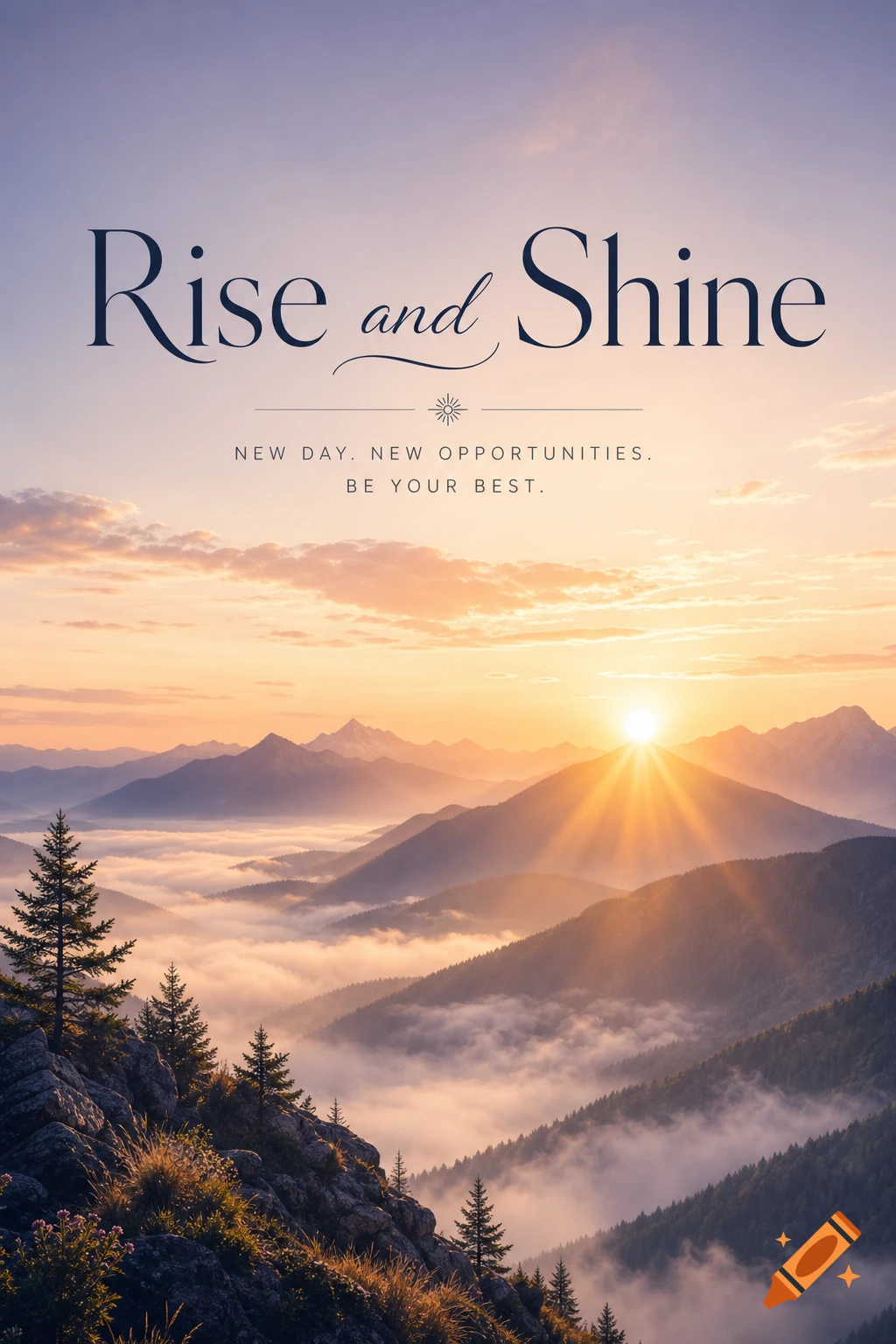 Photorealistic sunrise over misty mountains with golden light and the text 'Rise and Shine'.