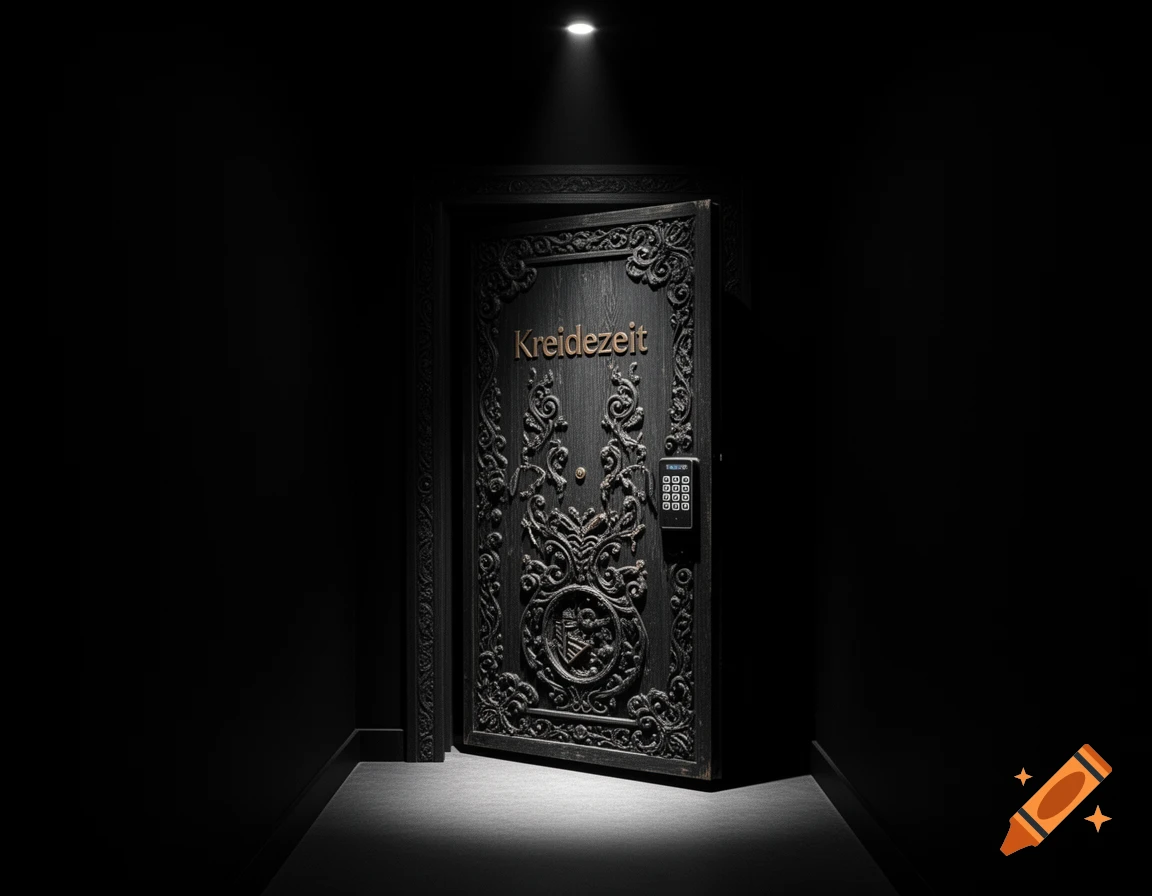 A dark, ornate door with 'Kreidezeit' and a keypad, highlighted by a spotlight in a shadowy room.
