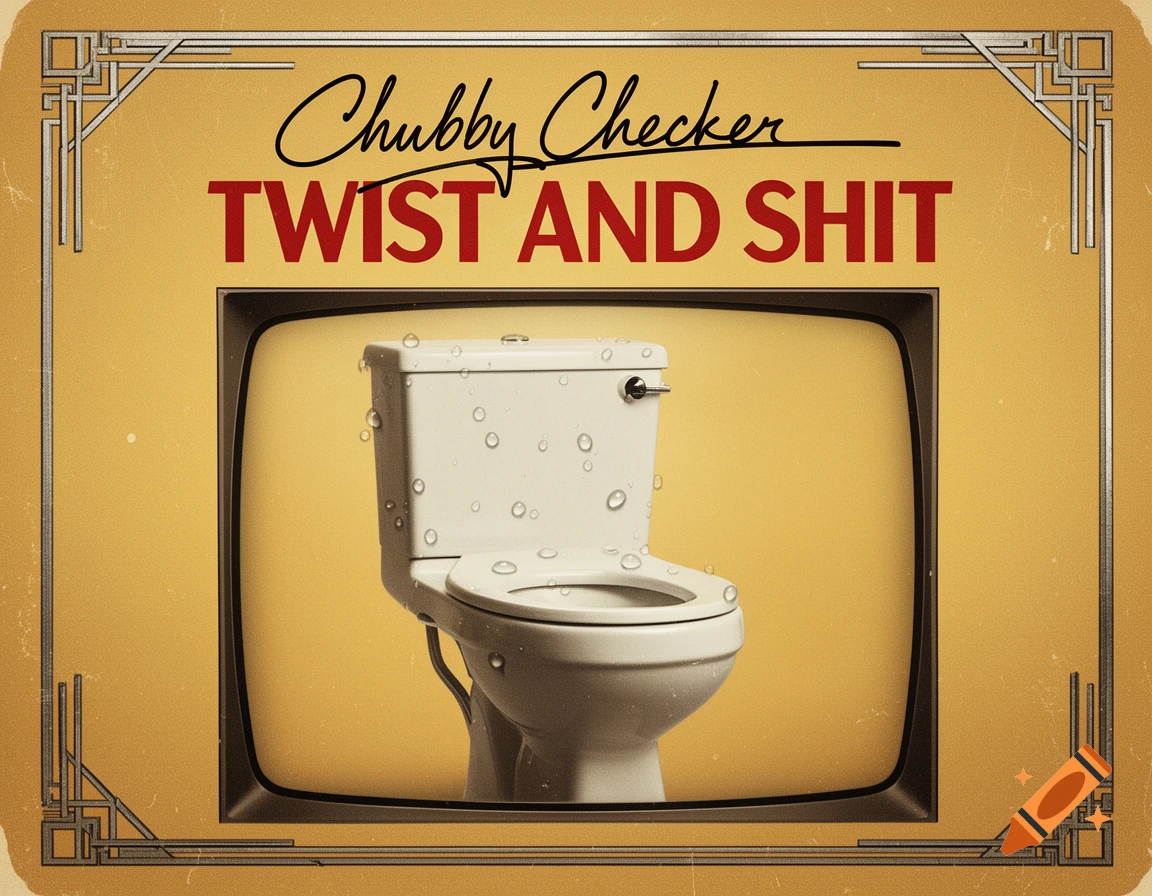 A vintage-style poster features a toilet on a TV screen, with "Chubby Checker" in script and "TWIST AND SHIT" in bold red text against a golden-yellow distressed background.
