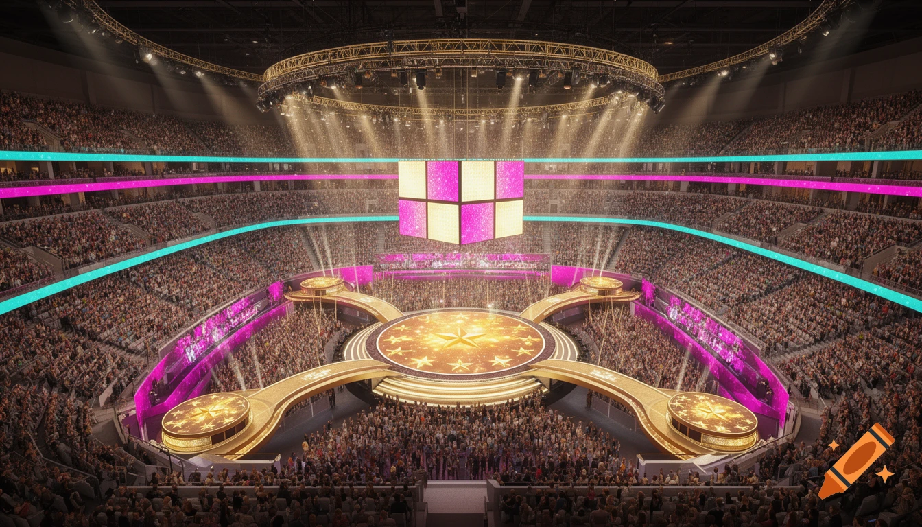 A large, brightly lit concert arena with a central star-shaped stage, catwalks, an LED cube, and a full audience.