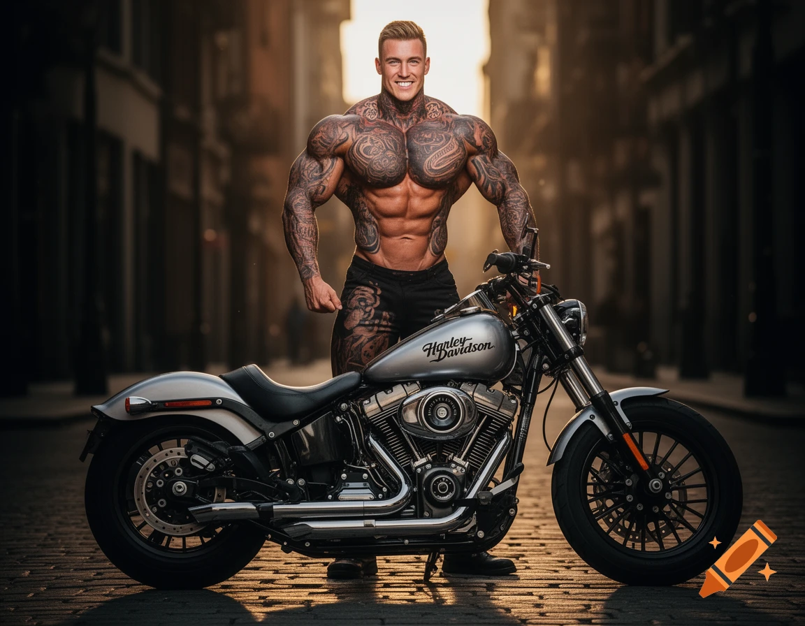 Muscular, heavily tattooed man smiling next to a grey Harley Davidson motorcycle on a cobbled city street.