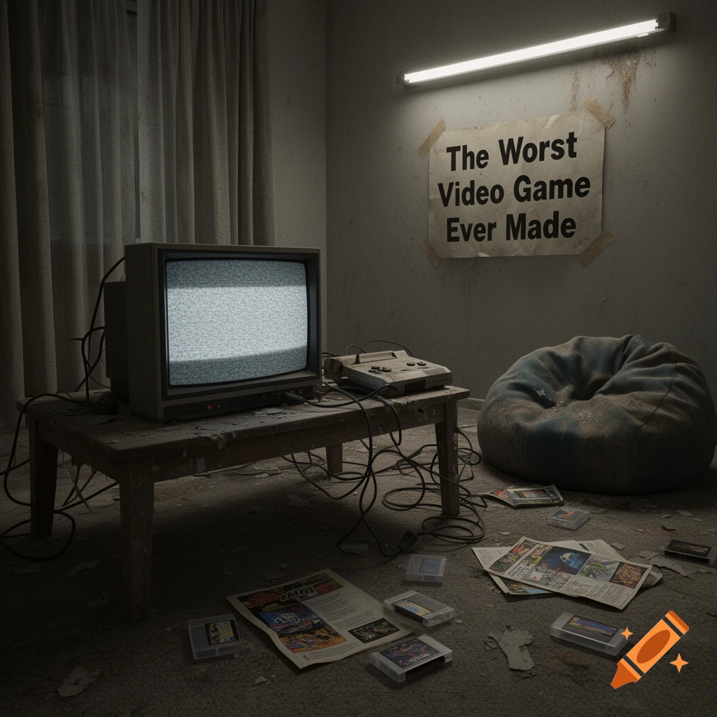 A dimly lit, dusty room with an old CRT TV, a retro game console, game cartridges, a bean bag, and a poster reading "The Worst Video Game Ever Made".