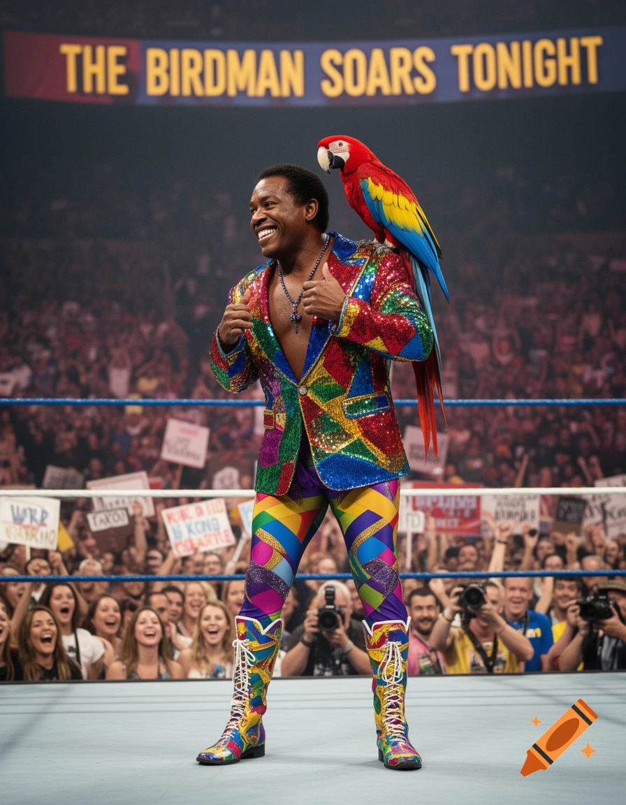Wrestler Koko B. Ware in a colorful sequined outfit with a parrot on his shoulder, smiling and giving thumbs up in a wrestling ring.