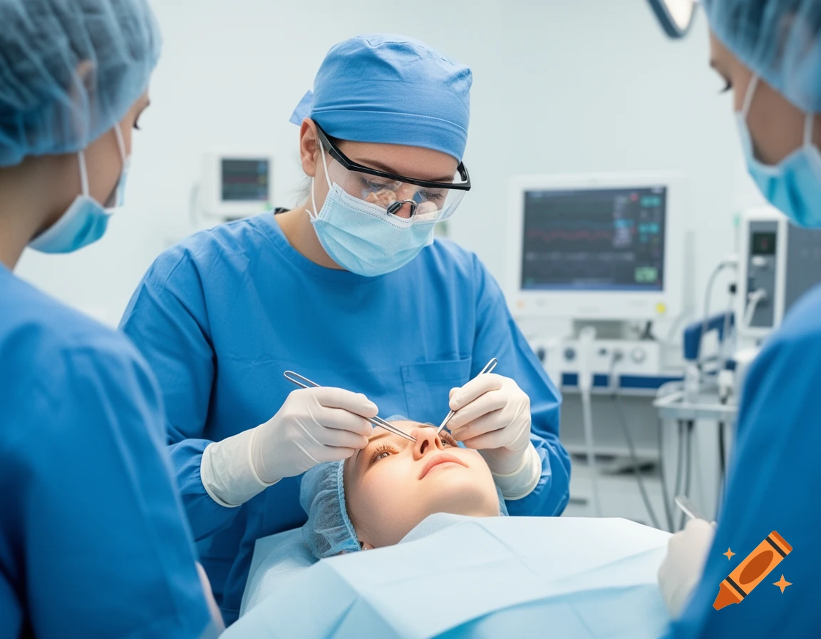 A surgeon performs nose surgery on a patient in a sterile operating room, assisted by two medical professionals.