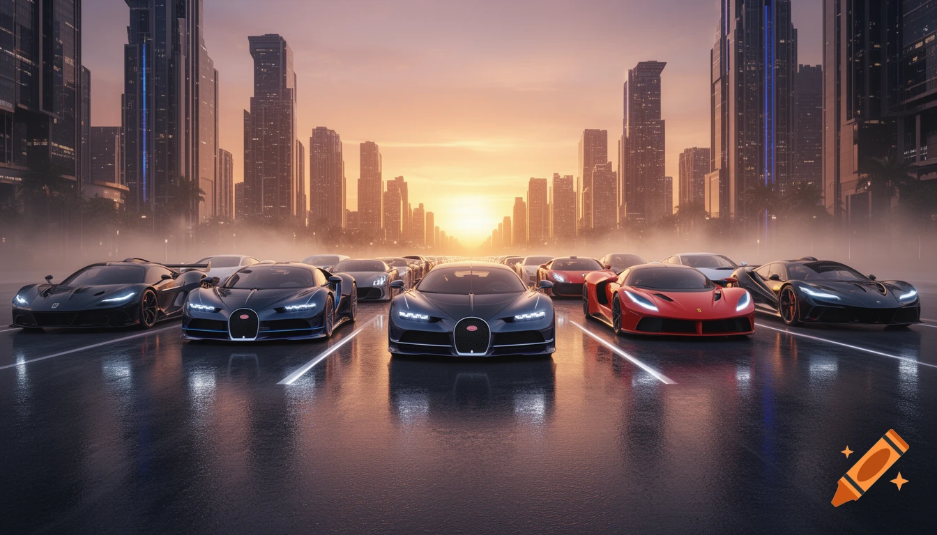 Photorealistic image of multiple luxury supercars lined up on a wet city boulevard at sunset, with a glowing cityscape in the background.