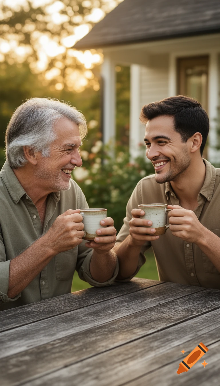 Older man and younger man smiling at each other, holding mugs at an outdoor wooden table during golden hour. Photorealistic.