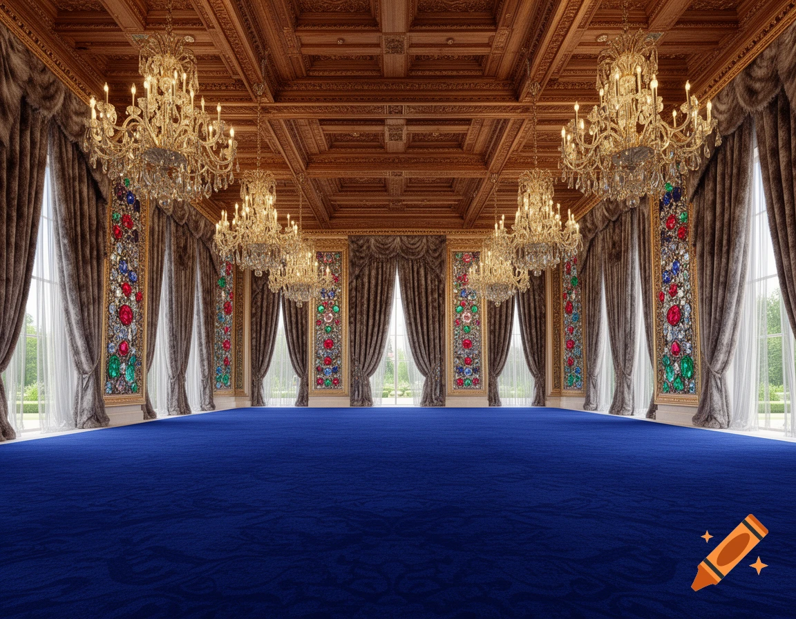 Opulent hall with a carved wooden ceiling, multiple chandeliers, heavy fur-lined curtains, tall panels of colorful jewels, and a deep blue carpet.
