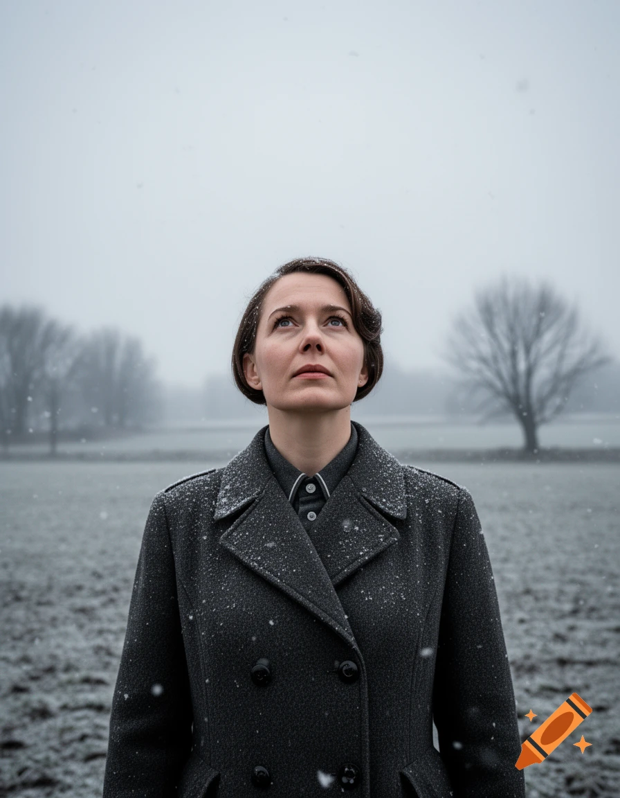 Photorealistic portrait of a woman in a gray coat looking up at falling snowflakes in a desolate winter field.