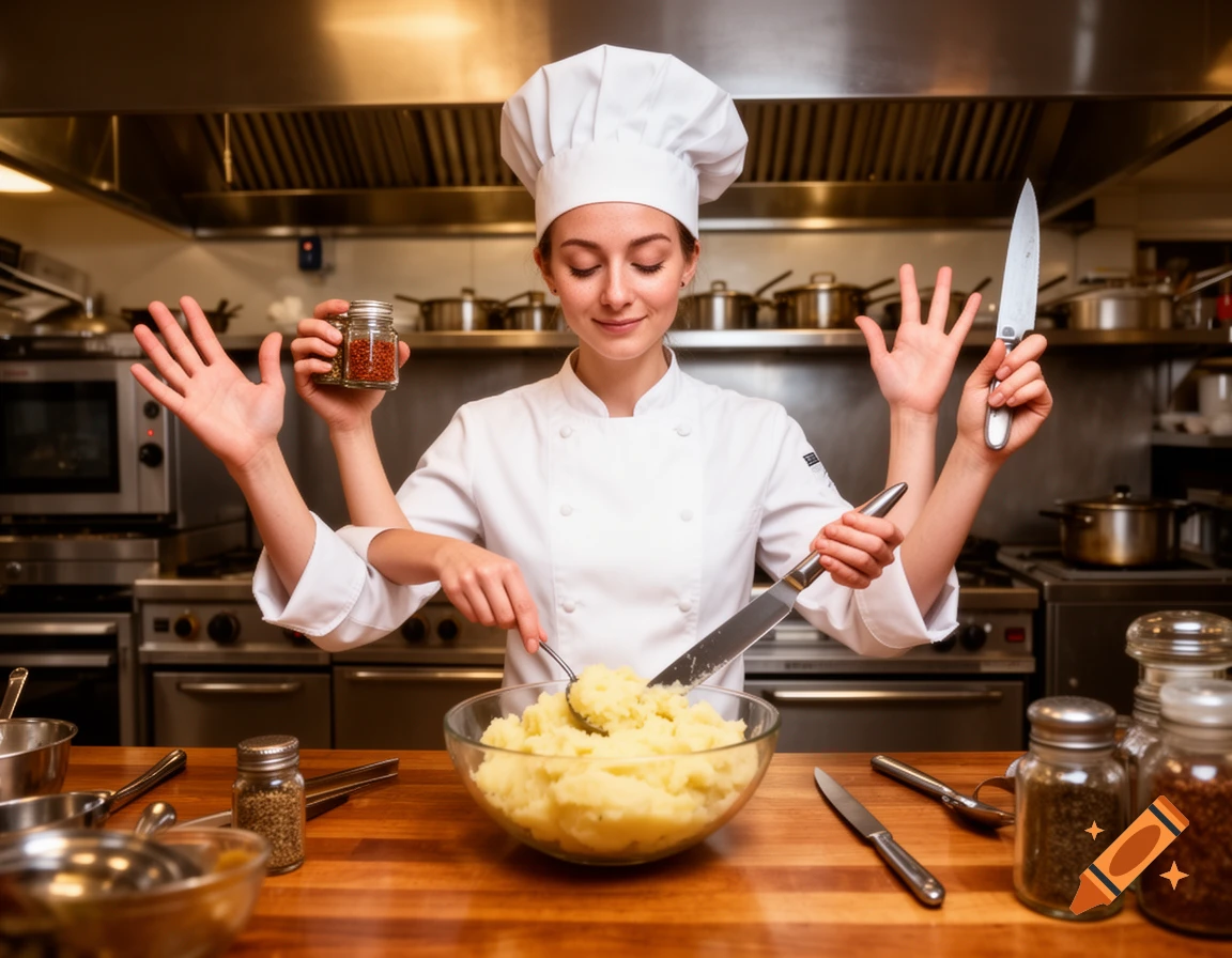 A chef with multiple arms and hands prepares mashed potatoes in a professional kitchen.