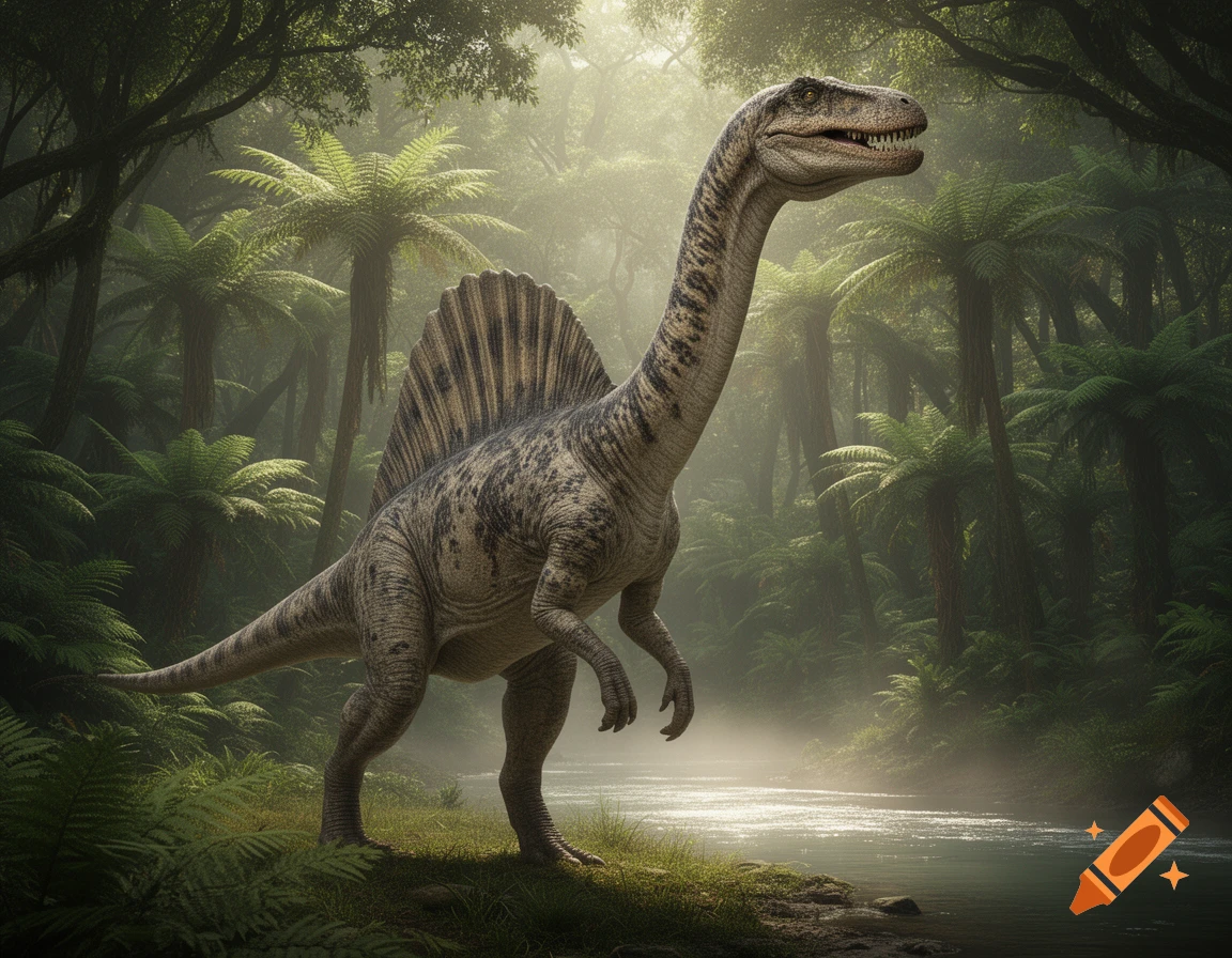 A majestic, photorealistic Spinecklosaurus, a Spinosaurus and Brachiosaurus hybrid, stands by a misty river in a lush jungle.