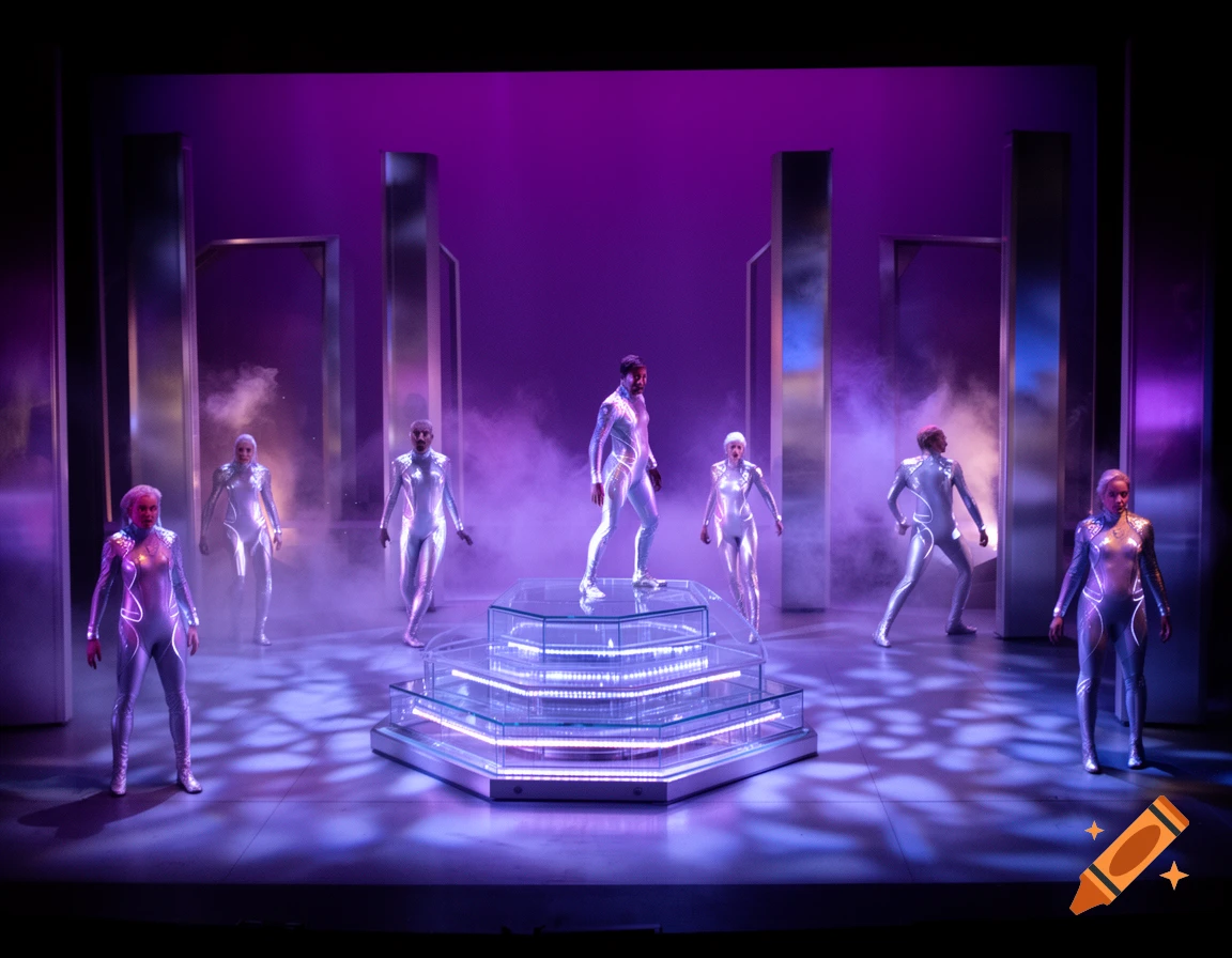 A futuristic stage play with performers in silver illuminated suits on a glowing hexagonal platform under purple and blue lights.