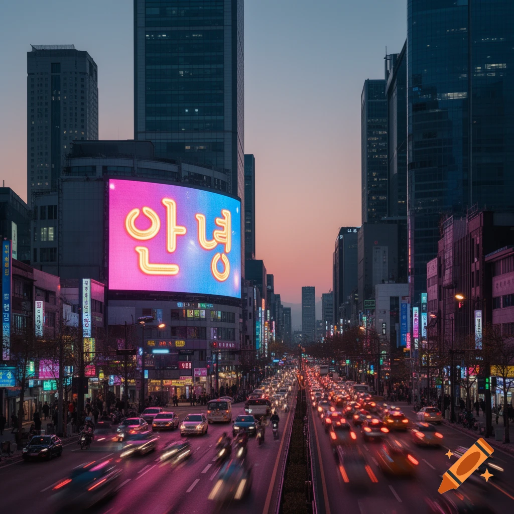A bustling city street at dusk, with traffic lights blurring into pink trails, tall buildings, and a large neon sign displaying Korean text.