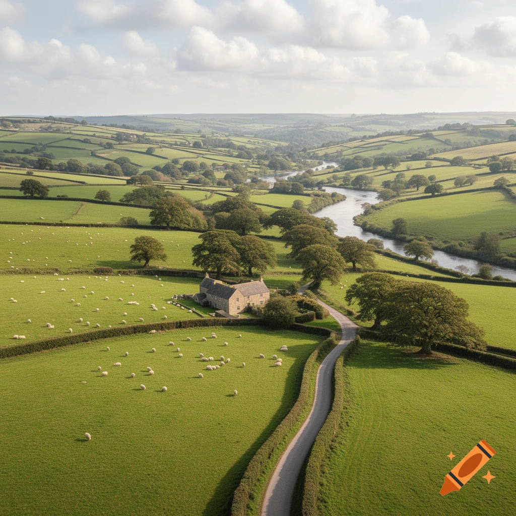 Aerial view of a picturesque rural English landscape with green fields, sheep, a stone cottage, a winding road, and a river under a cloudy sky.