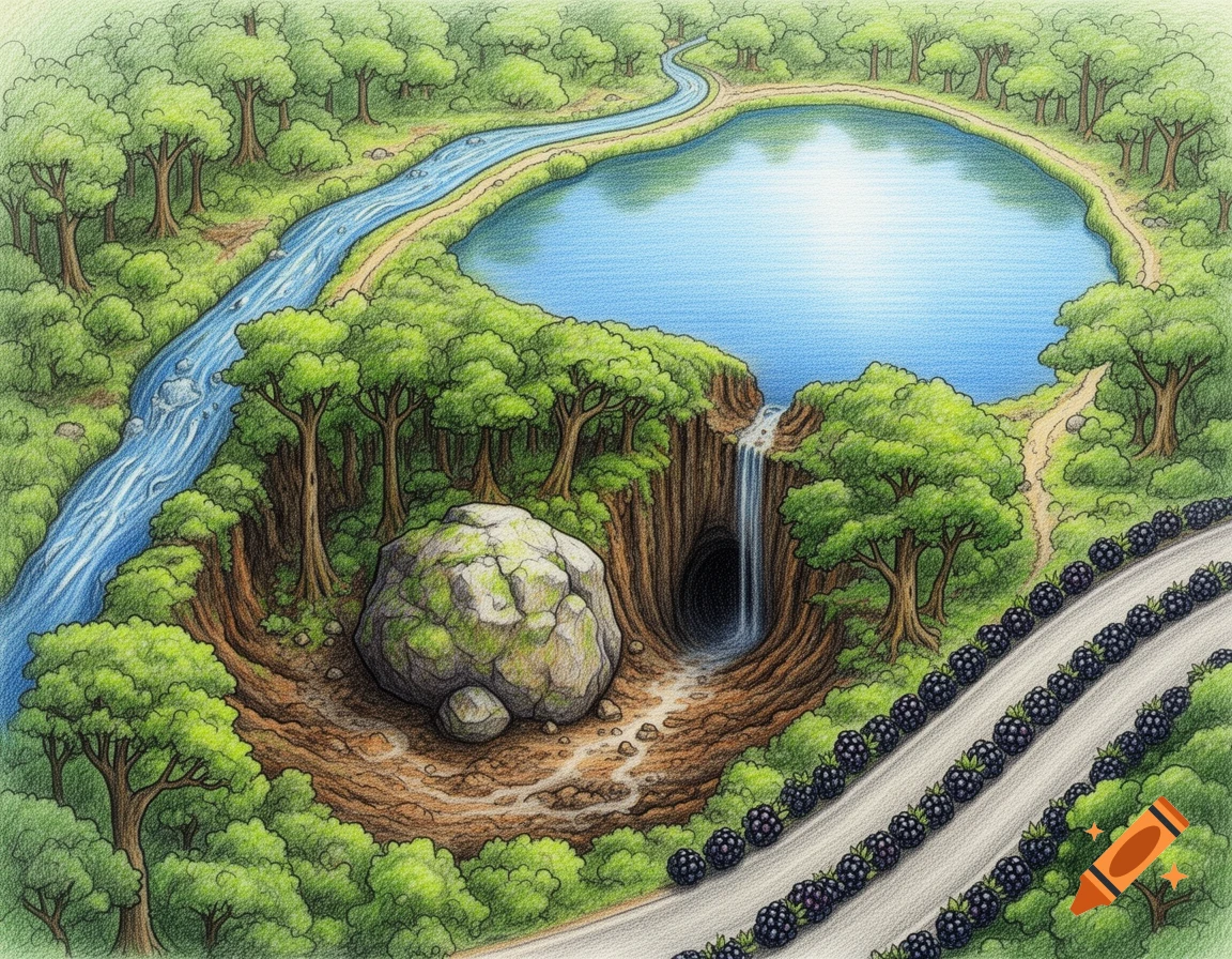 Colored pencil drawing of an aerial forest landscape with a river, lake, waterfall, boulder, and a blackberry-lined road.