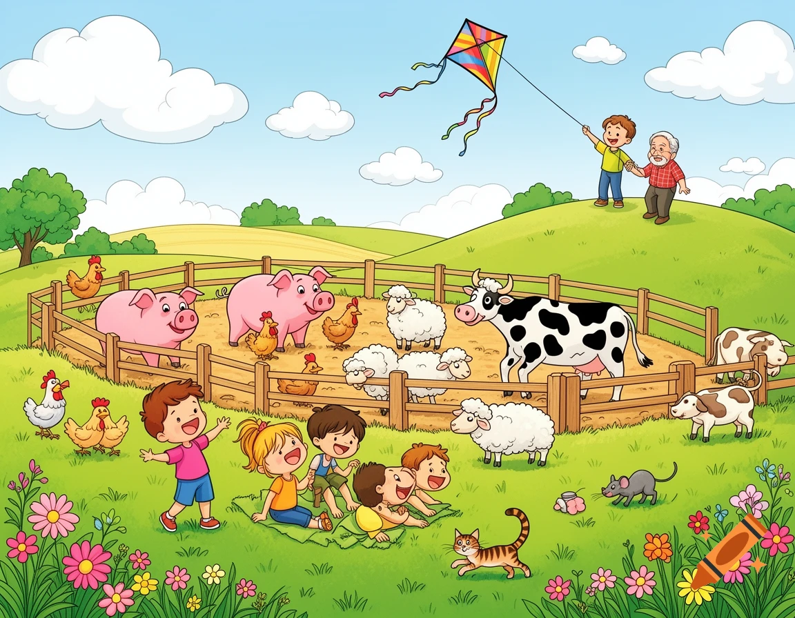 Vibrant cartoon farm scene with children playing, a cat chasing a mouse, and a boy with grandpa flying a kite on a hill.
