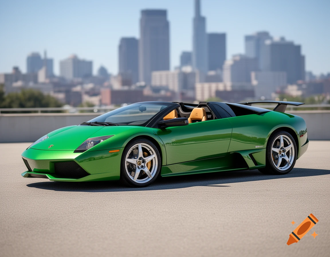 A vibrant green Lamborghini Murcielago convertible with tan interior sits on an asphalt lot, with a blurred city skyline in the background.