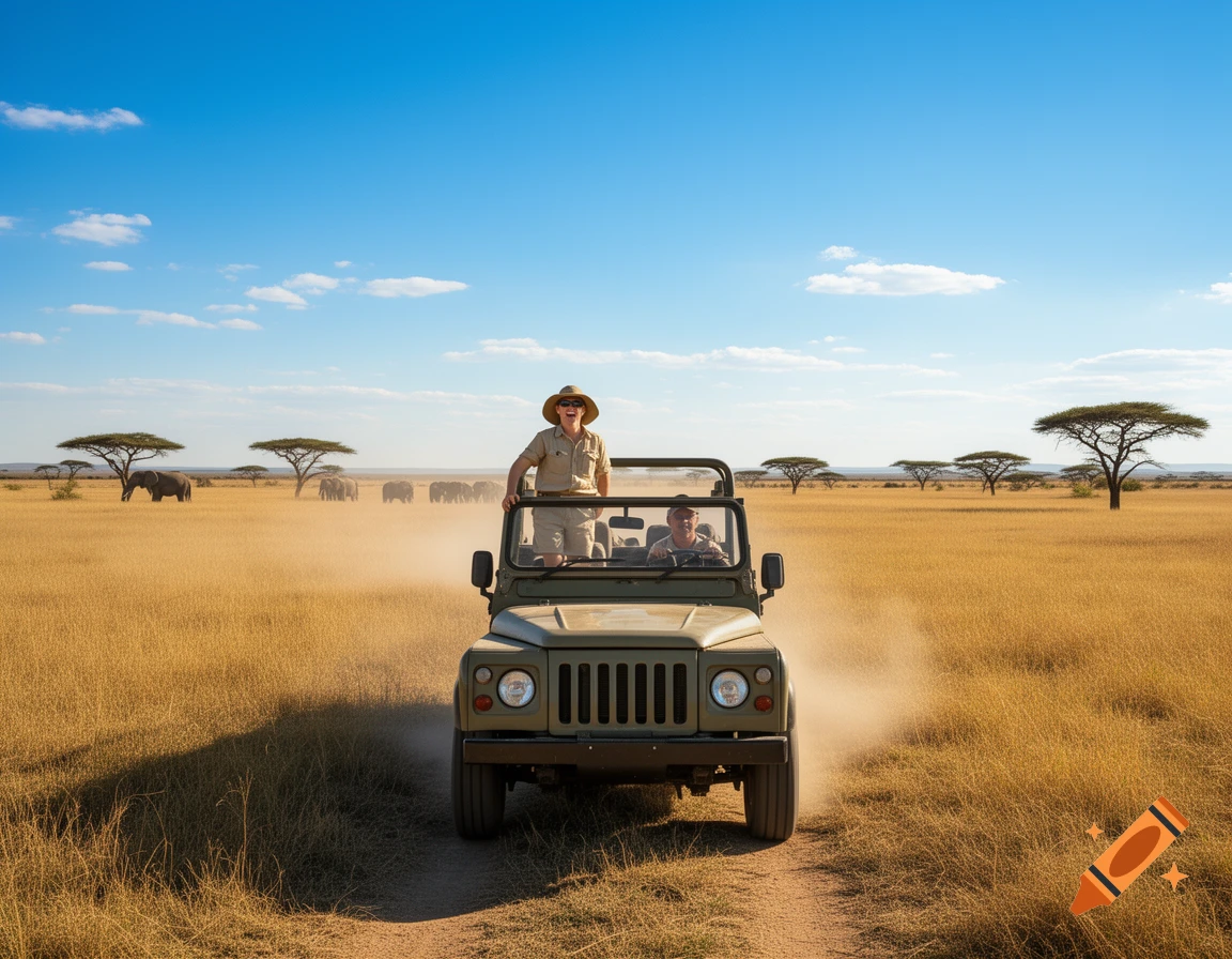 A photorealistic image of two people in a safari jeep driving through an African savanna, with elephants and acacia trees in the background.