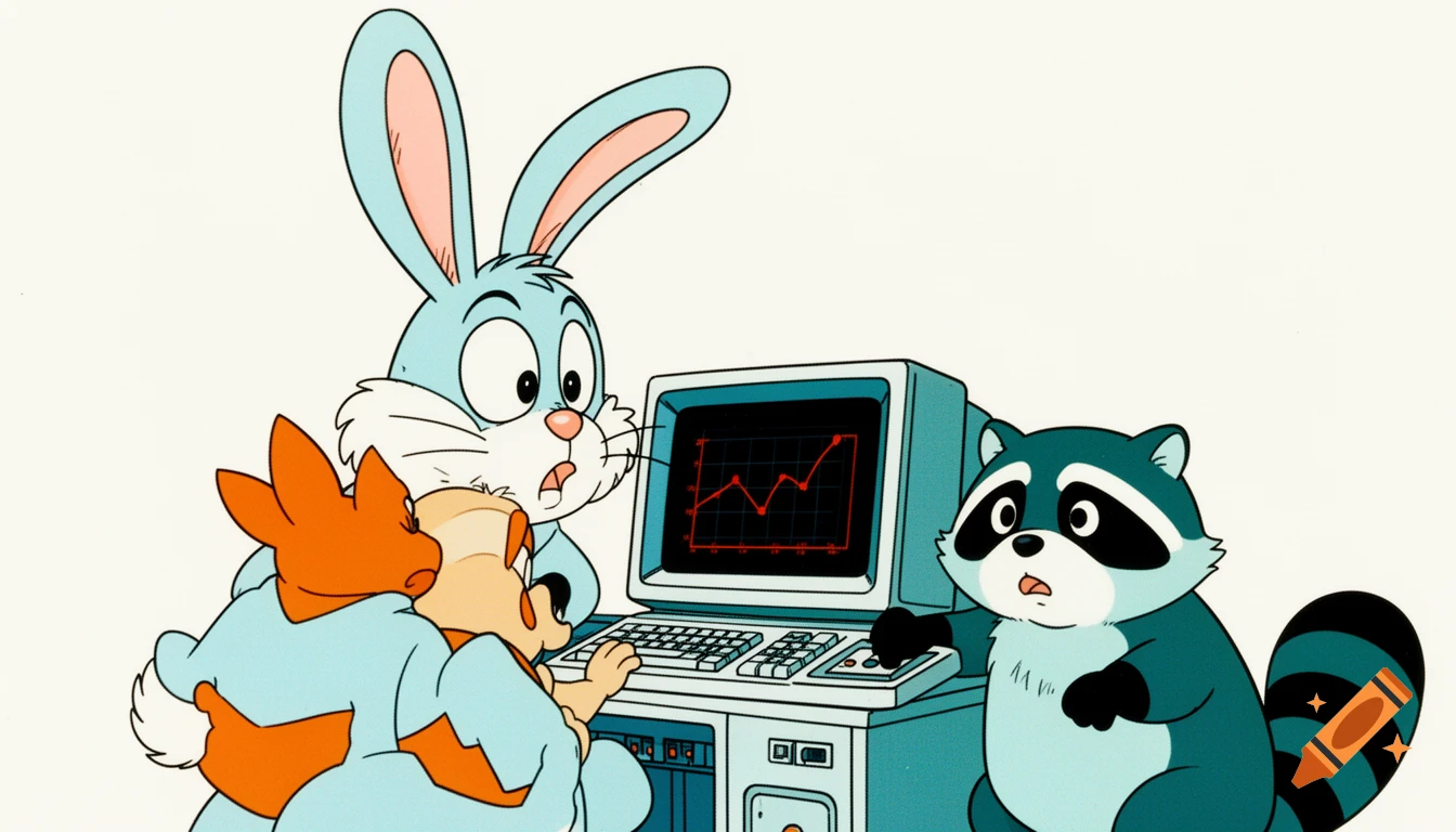 A light blue bunny, an orange animal, and a teal raccoon cartoon characters look worriedly at a computer screen displaying a red line graph.