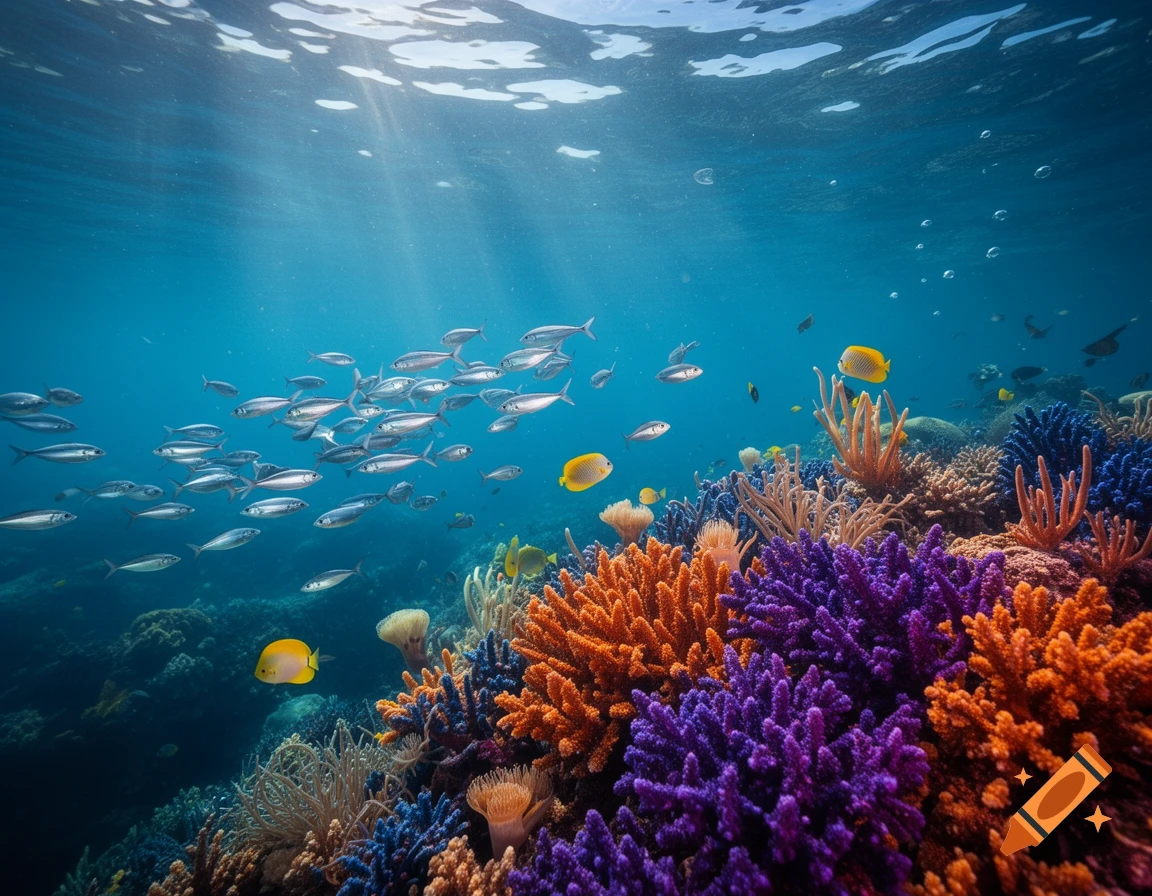 A vibrant underwater scene with a school of silver fish swimming above a colorful coral reef, illuminated by sun rays.