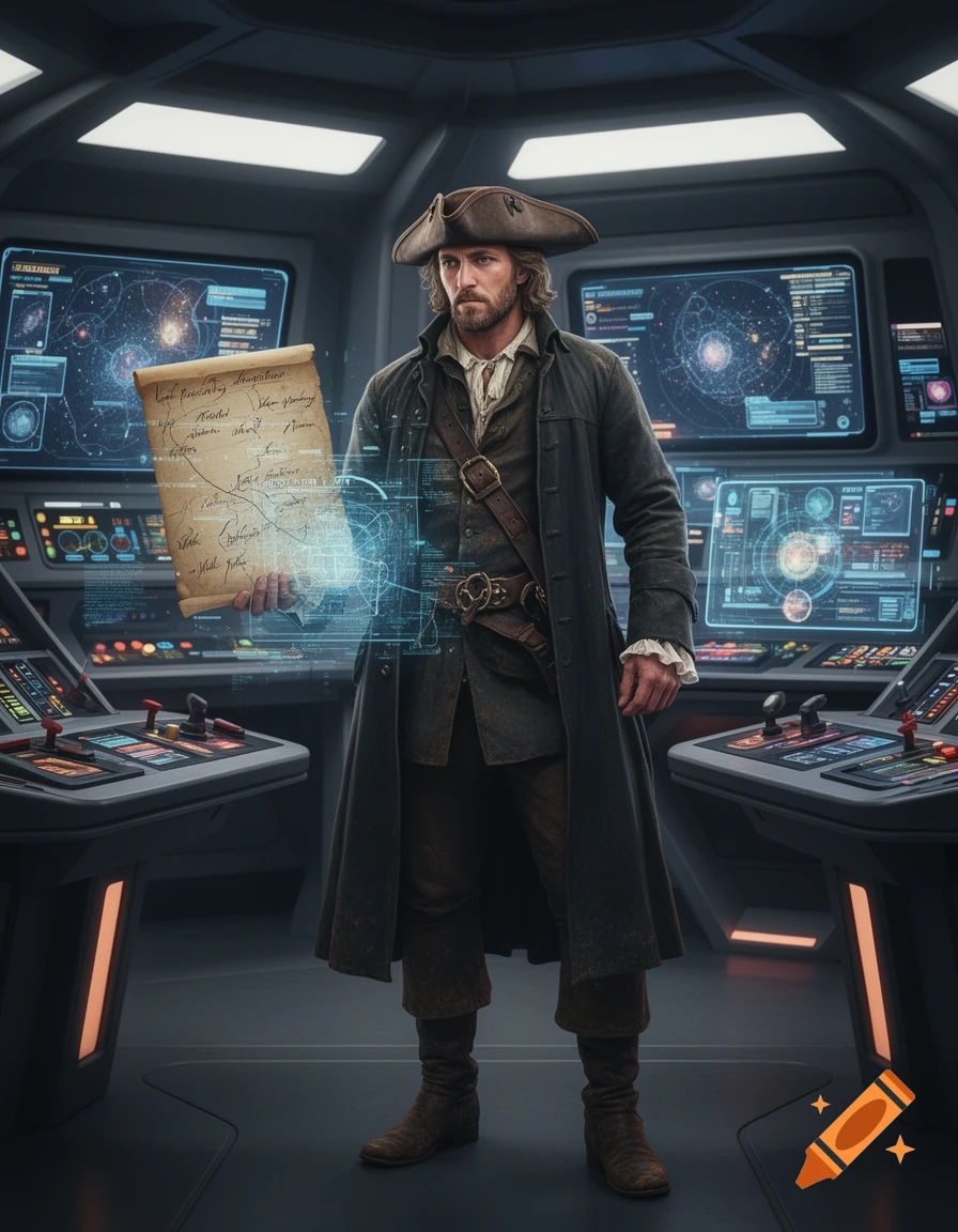 A man in pirate attire stands in a futuristic starship bridge, holding an old scroll.