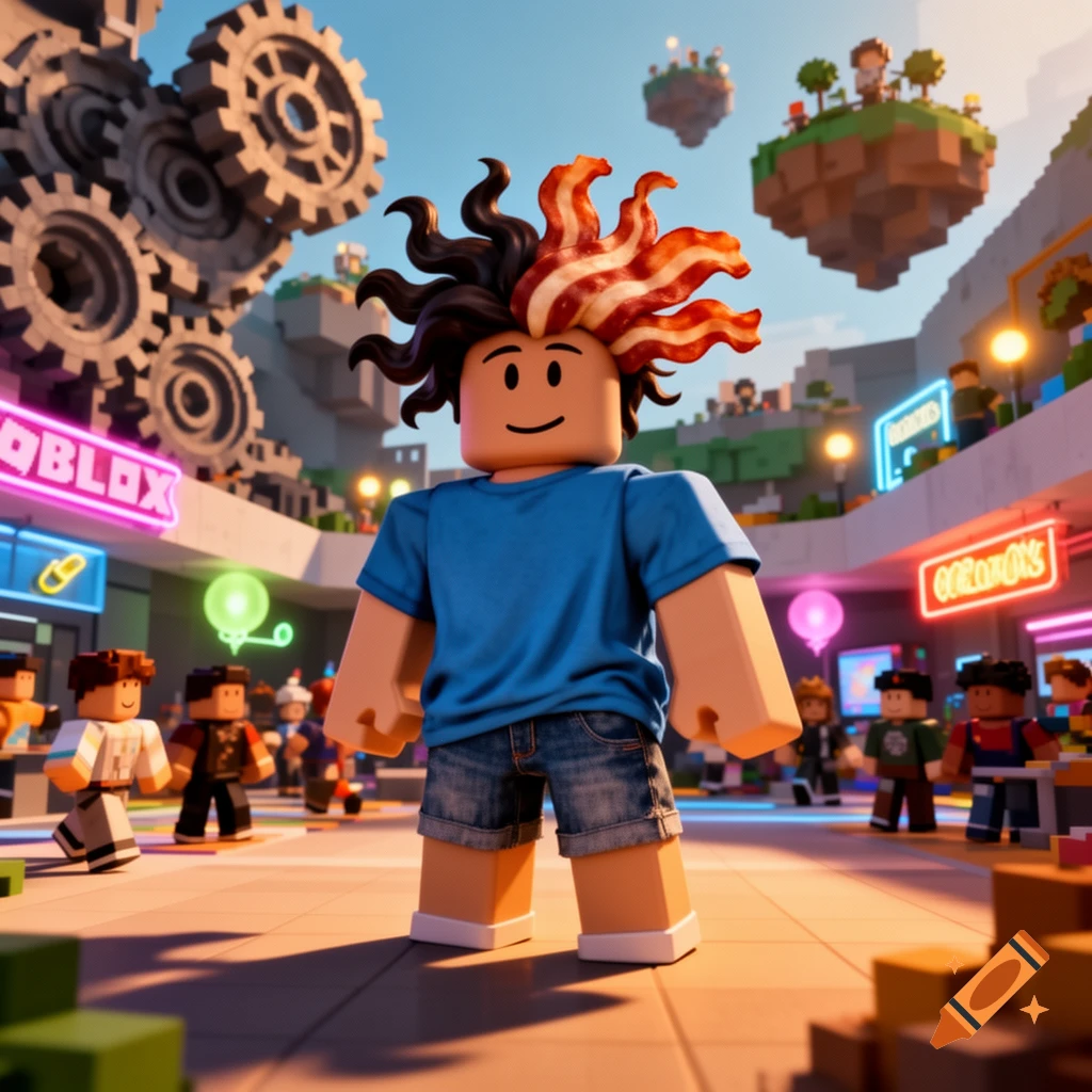A Roblox-style character with half dark and half bacon-strip hair, wearing a blue shirt and denim shorts, stands in a vibrant, blocky market square with floating islands in the background.