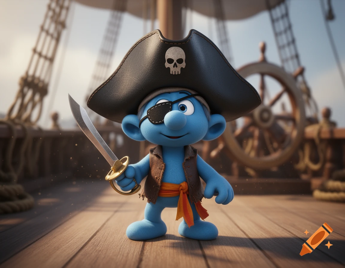 A 3D animated blue Smurf character dressed as a pirate, with an eyepatch and skull hat, holding a cutlass on a ship deck.
