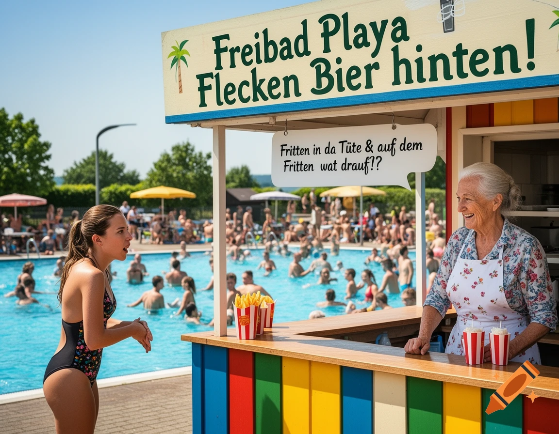 A woman in a swimsuit orders fries from an old woman at a kiosk by a crowded swimming pool on a sunny day.