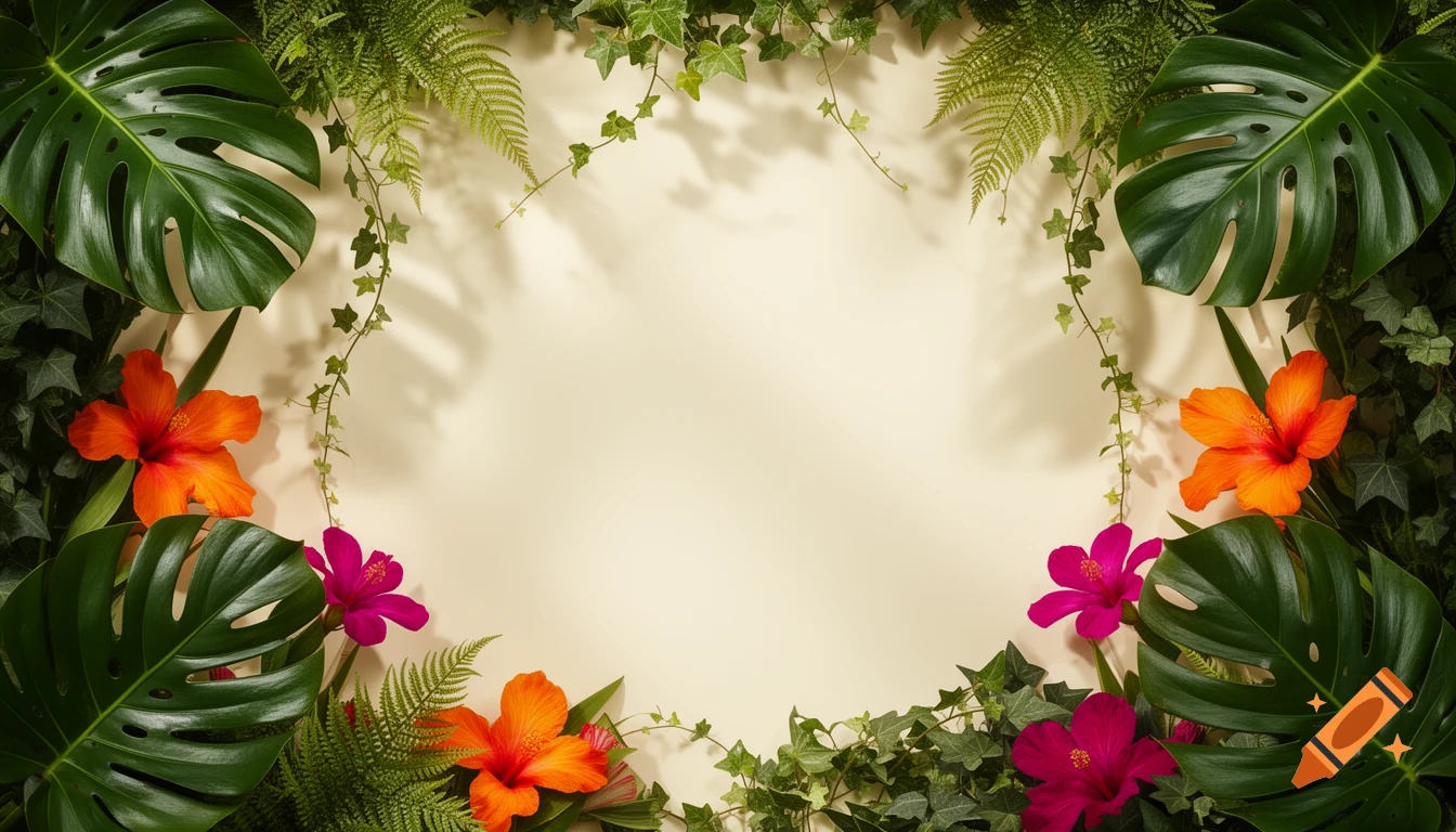 Lush tropical frame with monstera leaves, ferns, ivy, and vibrant orange and fuchsia hibiscus flowers around a cream background.