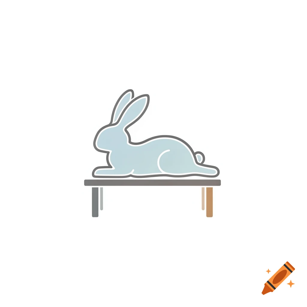 A minimalist illustration of a light blue rabbit lying on a brown bench against a white background.
