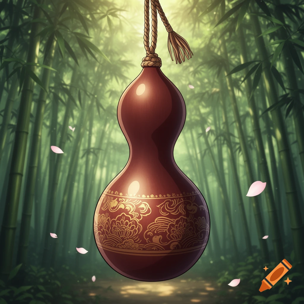 An anime illustration of a decorative brown sake gourd with gold patterns, hanging in a lush green bamboo forest with pink petals falling.