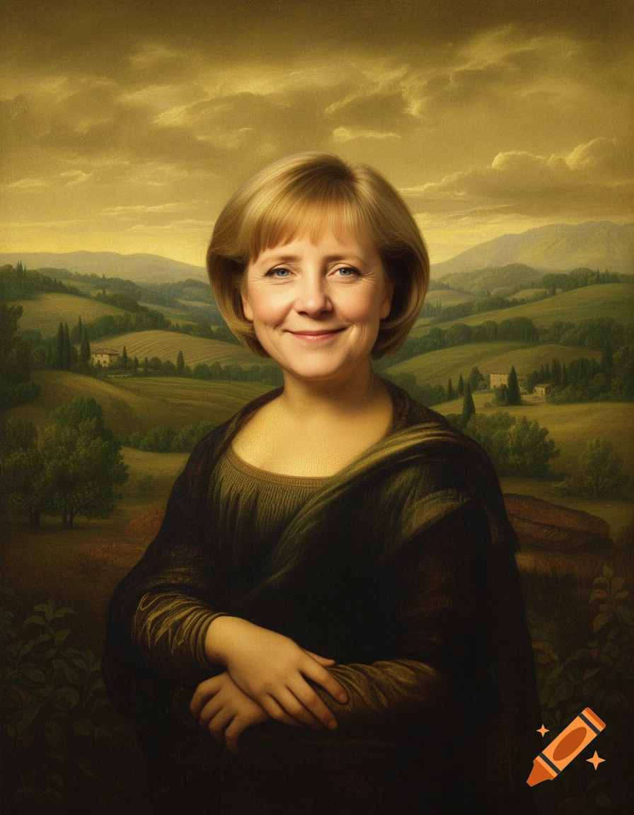 Portrait painting of Angela Merkel's face on the Mona Lisa's body, set against a classic landscape.