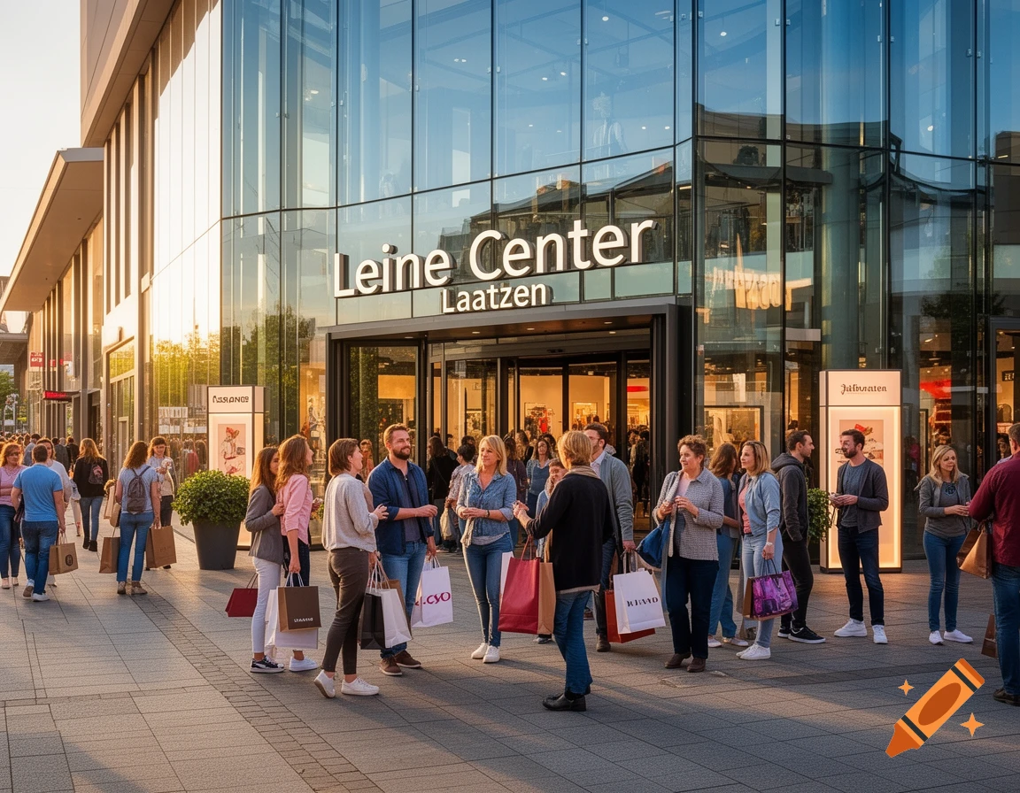 A photorealistic image of people standing outside a modern glass shopping center named 'Leine Center Laatzen' during golden hour.