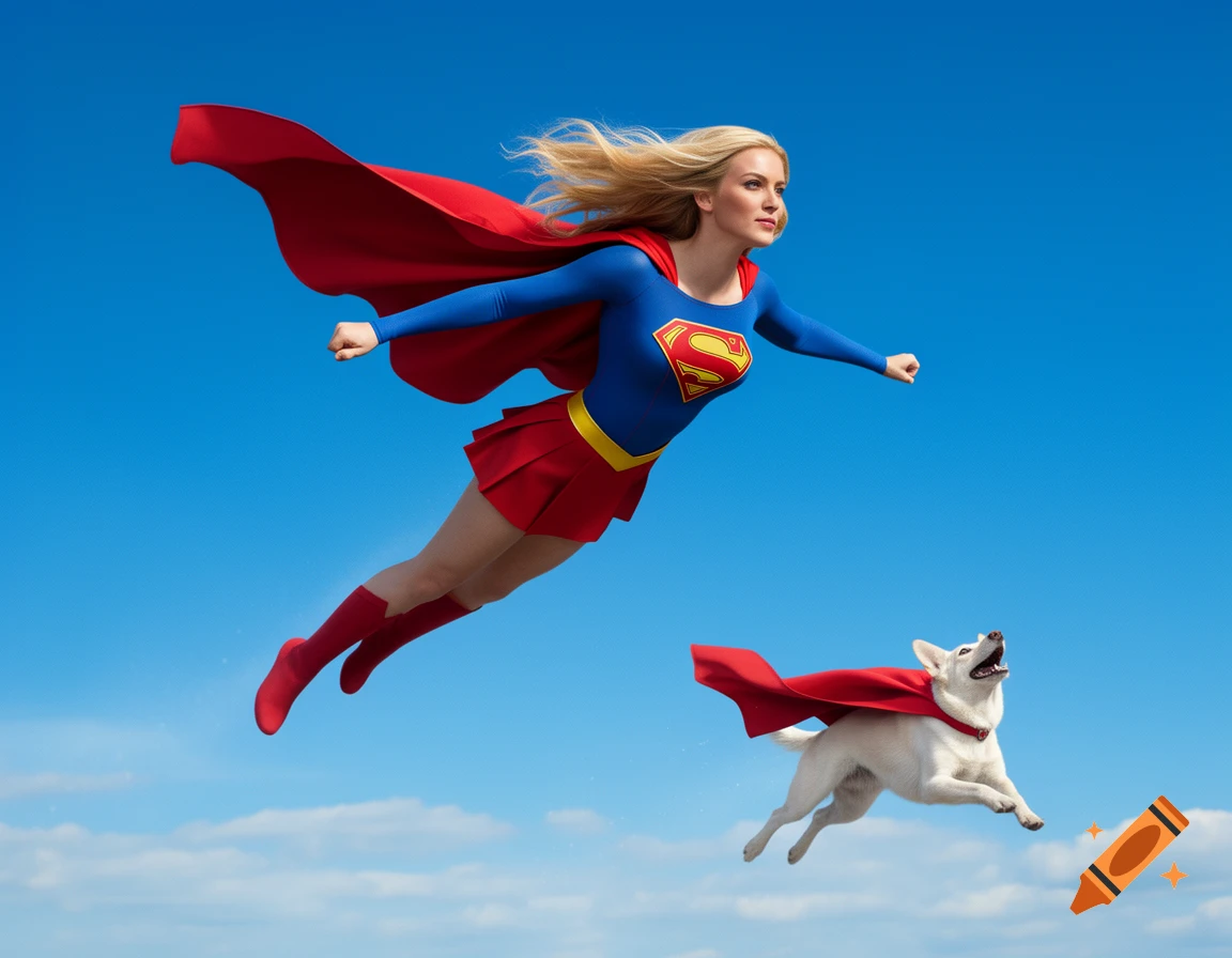Photorealistic Supergirl and a white dog with a red cape flying across a clear blue sky.