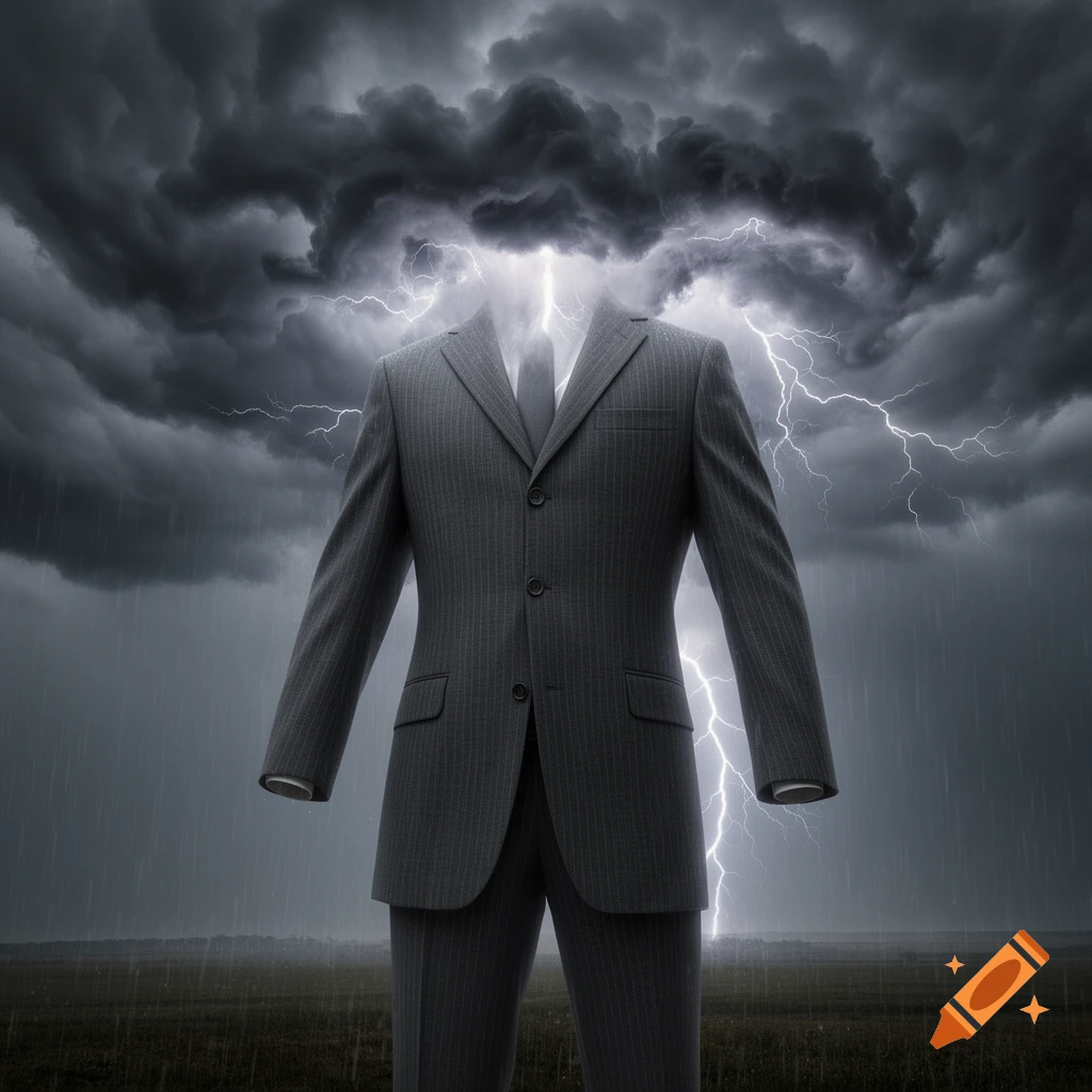 A gray pinstripe suit with a tie stands headless in a rainy field under a dark, stormy sky with bright lightning.