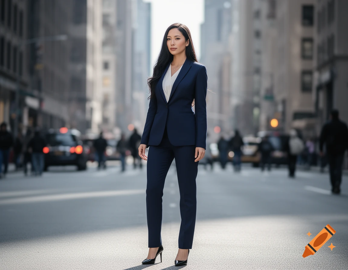 A professional woman in a navy suit stands in the middle of a bustling city street, looking confidently at the viewer. Photorealistic.
