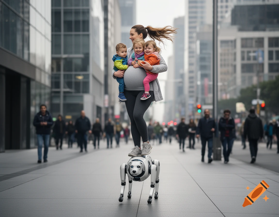 A pregnant woman holding two toddlers stands on a white robot dog, moving through a busy city street with tall buildings in the background.