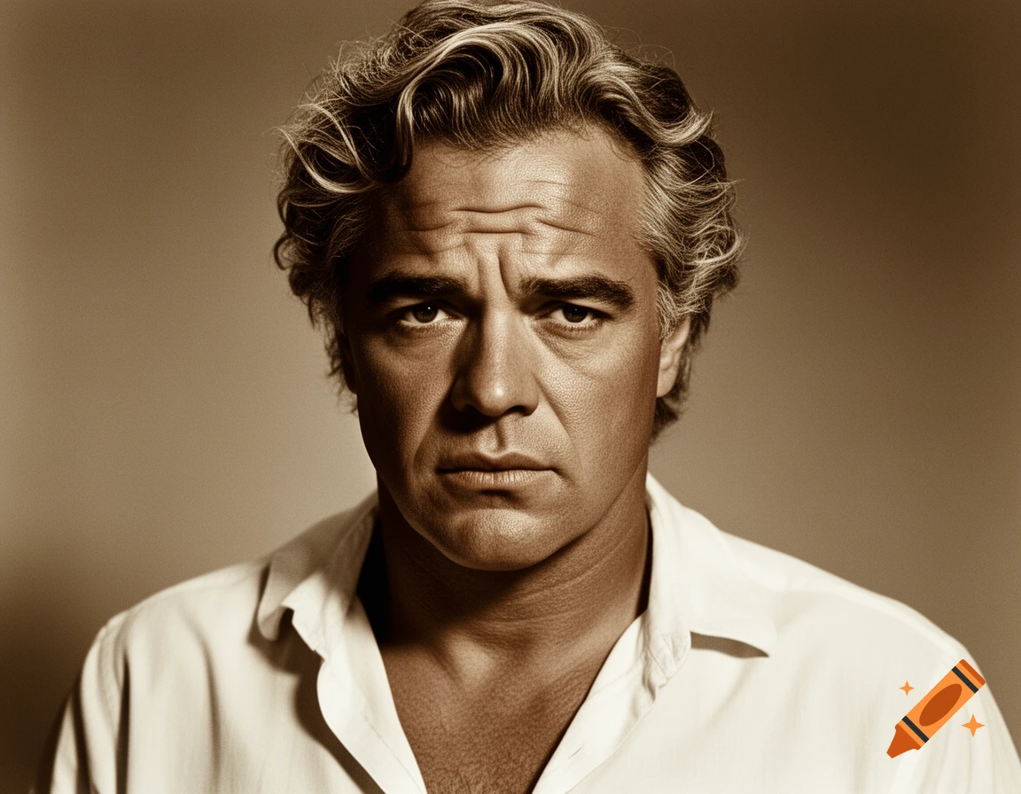 Close-up, sepia-toned portrait of a serious man with wavy hair, looking at the viewer.