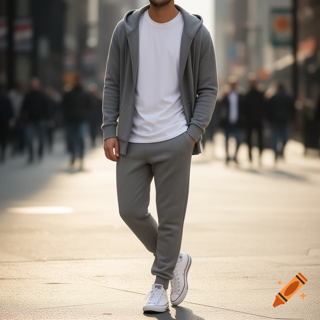 A man in a grey hoodie, white t-shirt, grey sweatpants, and white sneakers walks down a city street.