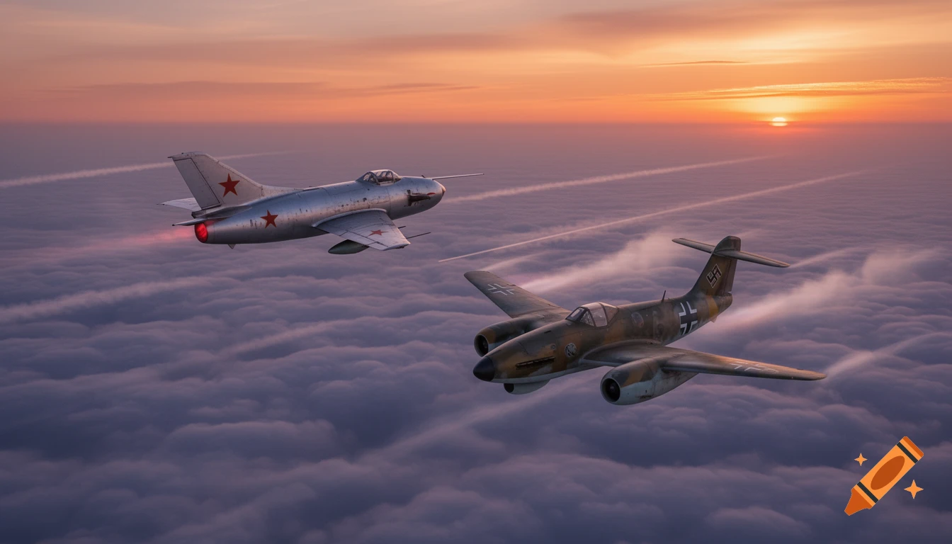 Two military jets, a Soviet MiG-15 and a German Me 262, fly above clouds at sunset.