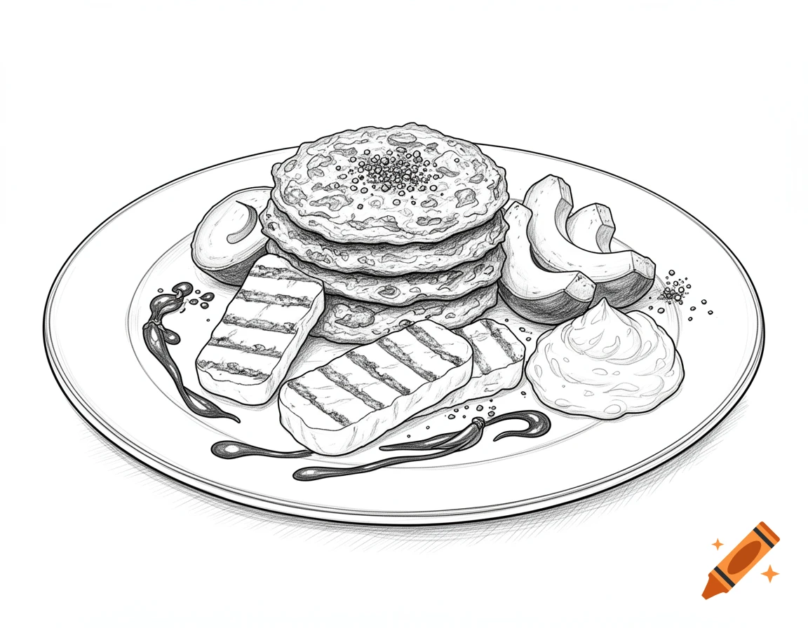 Black and white outline sketch of a meal with fritters, halloumi, avocado, and sauces on a plate.