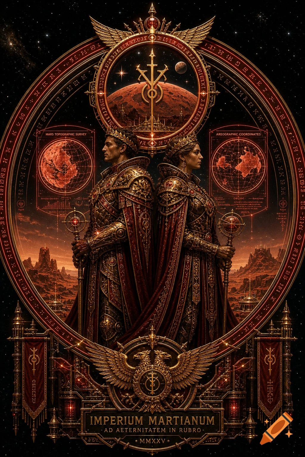 An ornate golden and red seal for a Martian empire featuring a crowned male and female emperor, a red planet, and cosmic elements.