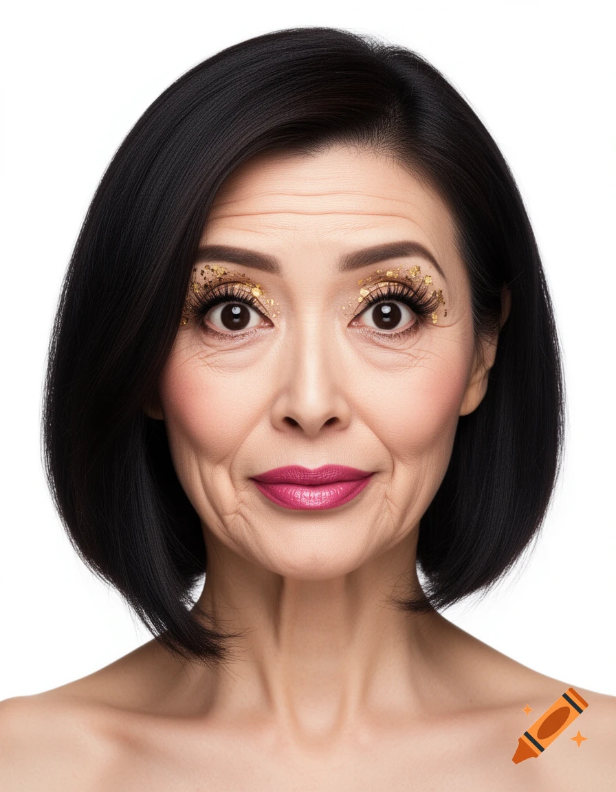 A photorealistic portrait of an East Asian woman with dark hair, large eyes, long eyelashes, prominent gold glitter eyeshadow, dark pink lipstick, and wrinkles around her eyes and mouth.