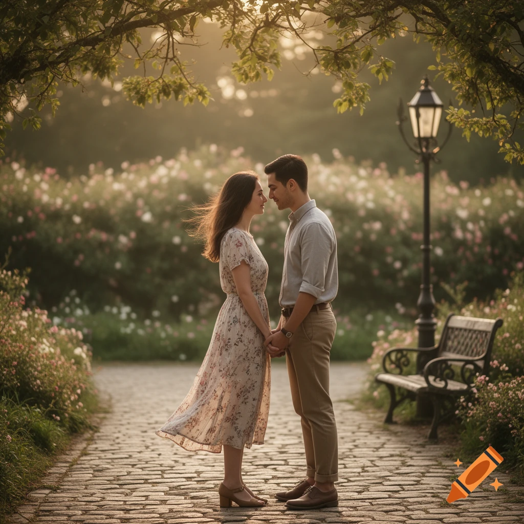 A couple stands holding hands on a cobbled path under a tree canopy, gazing at each other in a flower-filled park at sunset.