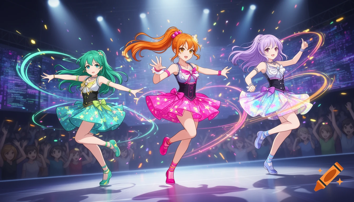 Three anime girls in colorful mini skirts performing a dance on a brightly lit stage with confetti and a cheering audience.